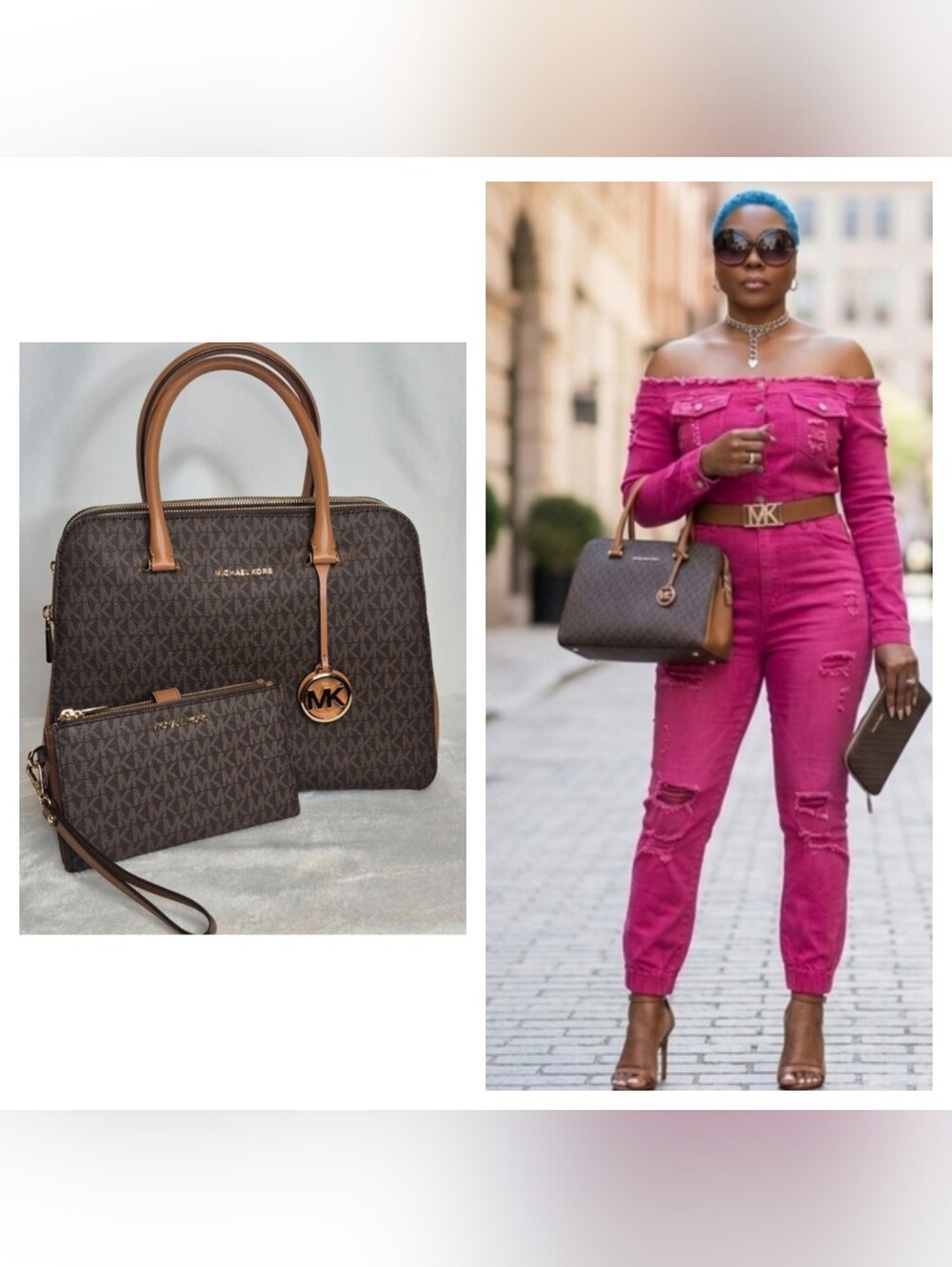 MICHAEL Michael Kors "Houston Med Brown Signature Satchel w/Jet Set Wristlet